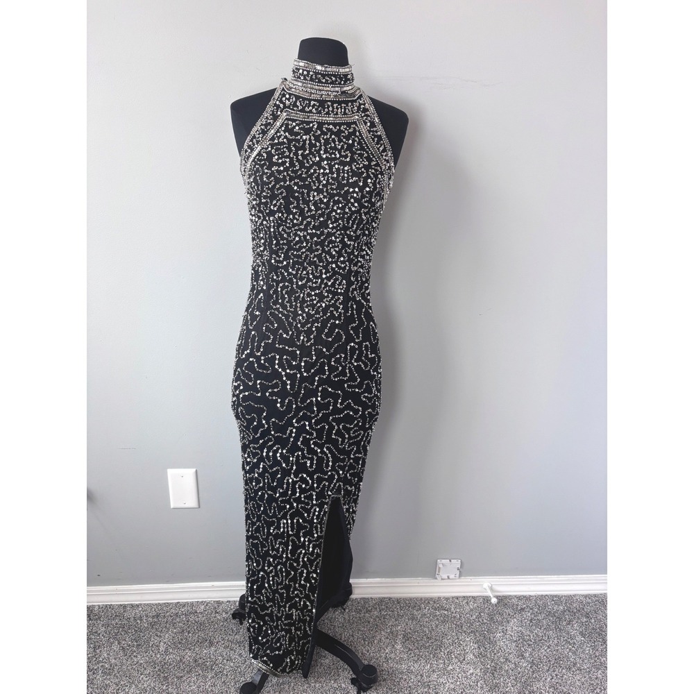 Sparkling VINTAGE 100% SILK Black Halter Neck Beaded Gown High Neck Formal Dress